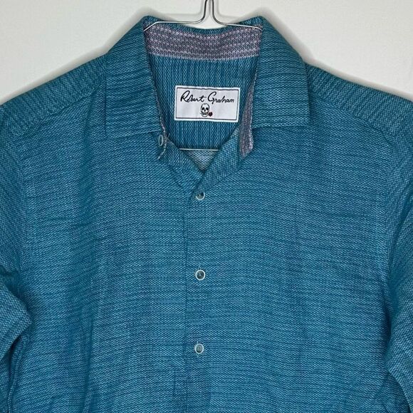 Robert Graham Teal Patterned Long Sleeve Linen Blend Shirt in Size Small - Picture 6 of 8